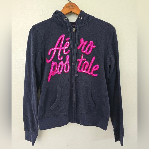 Aeropostale Sequin Bling Hoodie Small Dark Navy Blue & Pink Iridescent Sequins - Picture 1 of 10